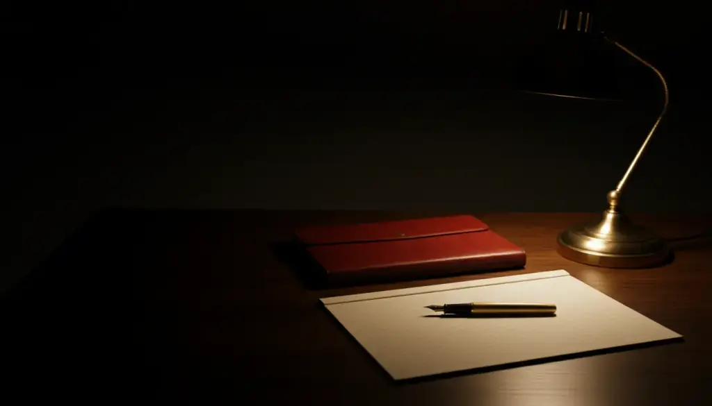 Lamplit walnut desk with a closed leather folio and a fountain pen resting on a ruled ledger page