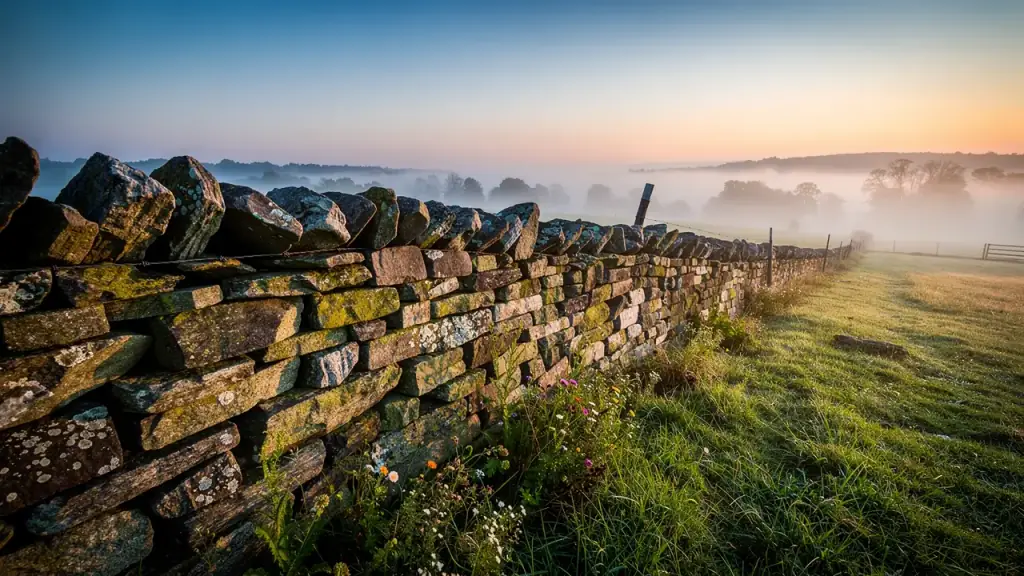 Old dry-stacked fieldstone wall along a misty pasture at dawn