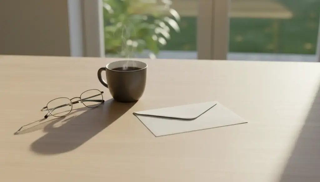 Cleared kitchen table in morning light with an envelope, reading glasses and a coffee mug