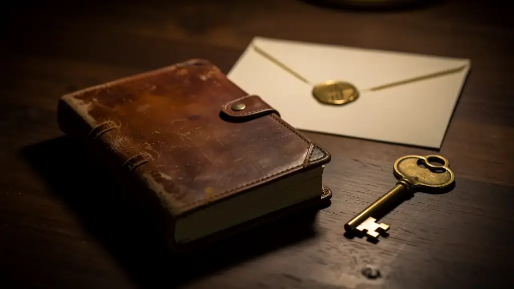 Leather family journal, an antique brass key and a gold wax-sealed envelope on walnut
