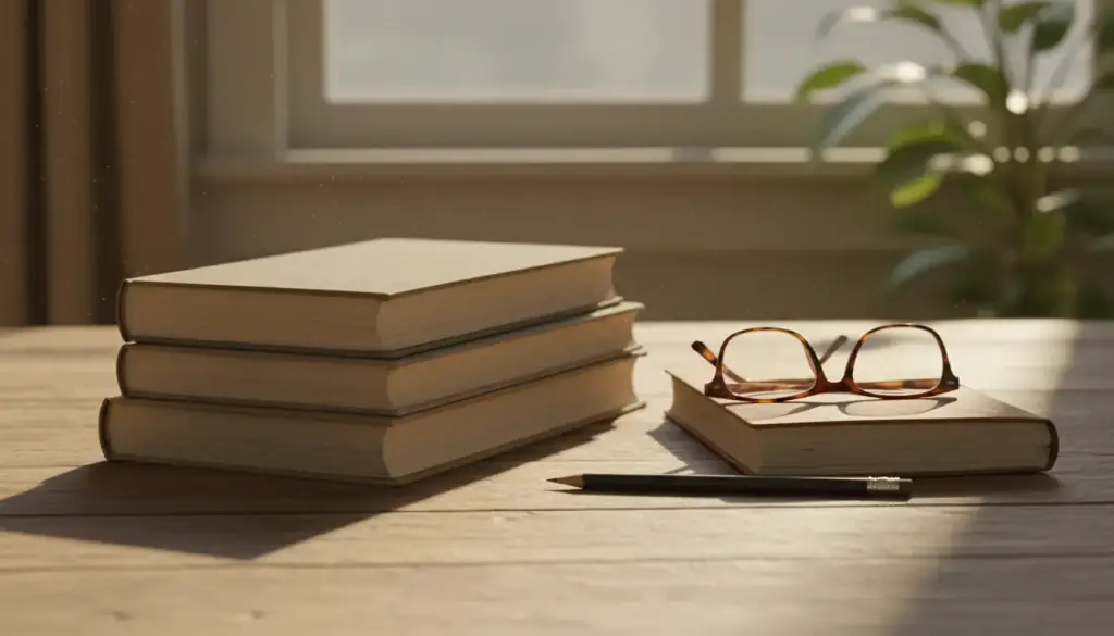 Library table with blank-spined hardbacks, a notebook, a pencil and reading glasses in window light