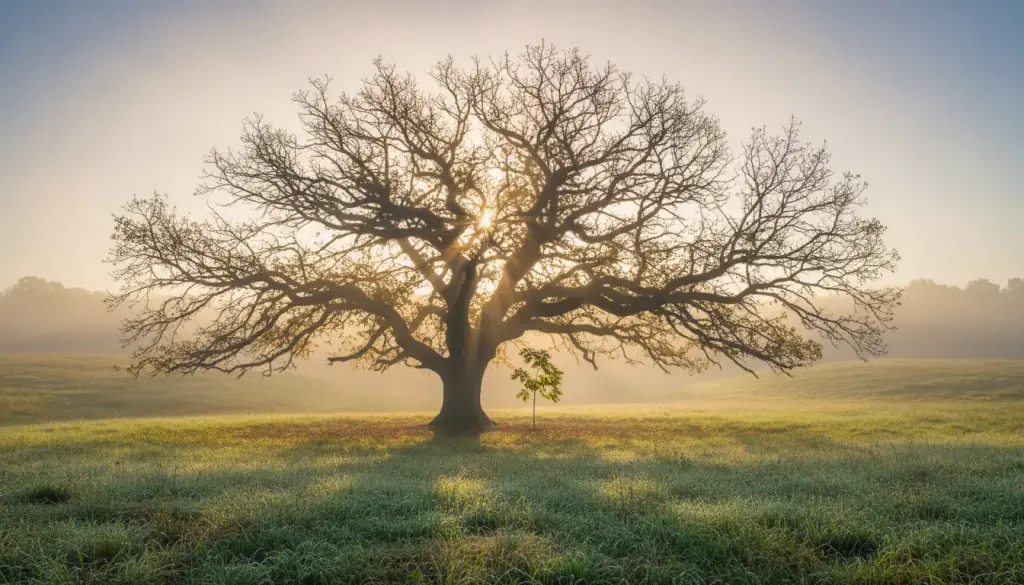 Broad old oak with a young sapling beside it in a misty meadow at sunrise