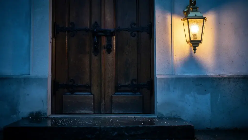 Heavy oak front door with iron strap hinges and a lit brass lantern at blue hour