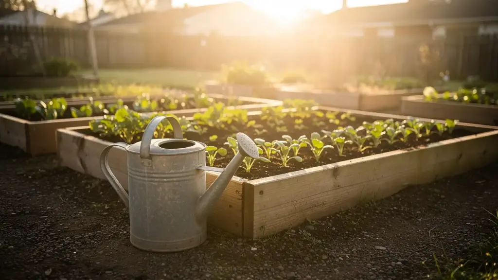 Raised garden beds of young vegetables at sunrise with a galvanised watering can