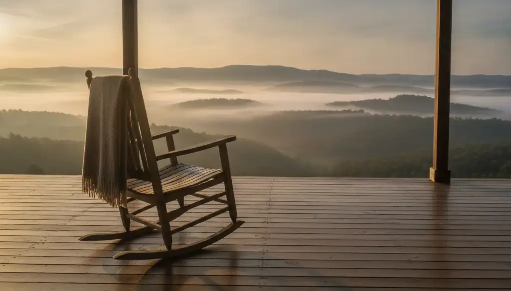 Empty rocking chair with a wool throw on a porch facing misty hills at sunrise